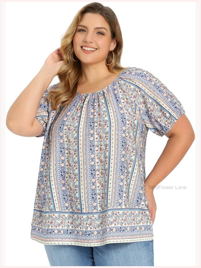 Plus Size Boho Floral Puff Sleeve Blouse Women's Casual Summer Top